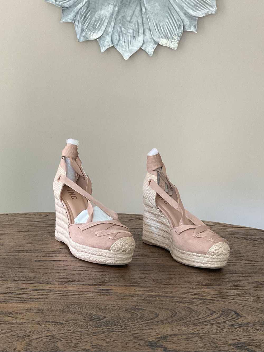 INC International Concepts Blush Pink Espadrille Wedge Sandals with Ankle Wrap